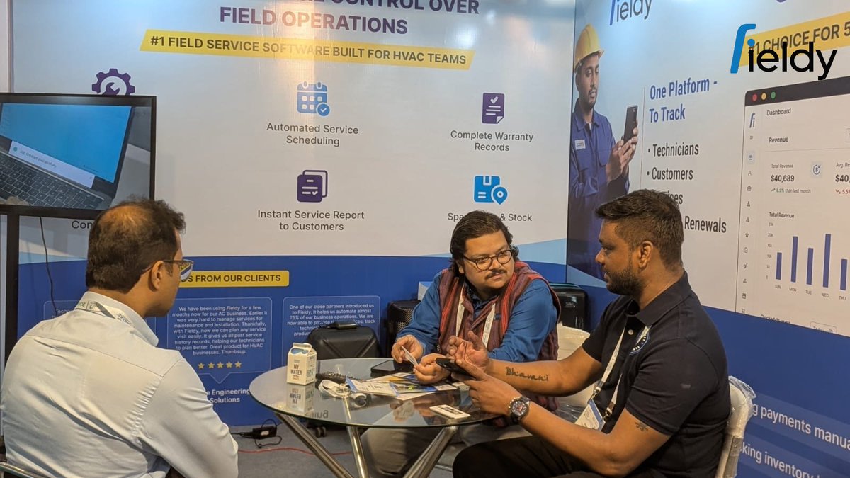fieldy_software's tweet photo. Fieldy x ACREX India – Day 3 🤩

Great conversations and exciting discussions at the Fieldy stall today!

Still at the expo? Drop by before it ends.
Missed us? Book a demo anytime 🚀

#ACREXIndia #HVAC #FieldService https://t.co/bzv4ip0nhG