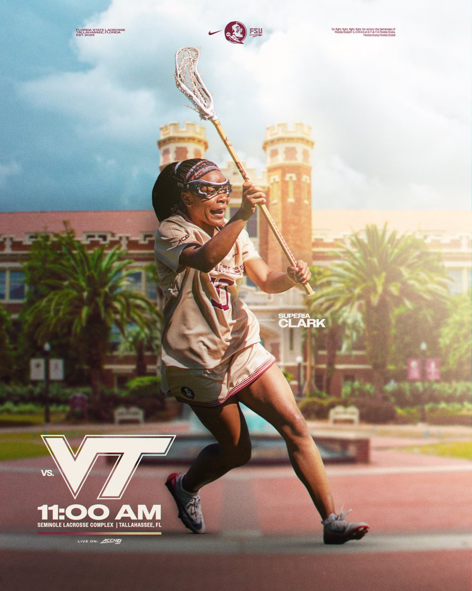 GAMEDAY 🍢

🆚 Virginia Tech
🕚 11 a.m.
🏟️ Seminole Lacrosse Complex
📺 ACCNX