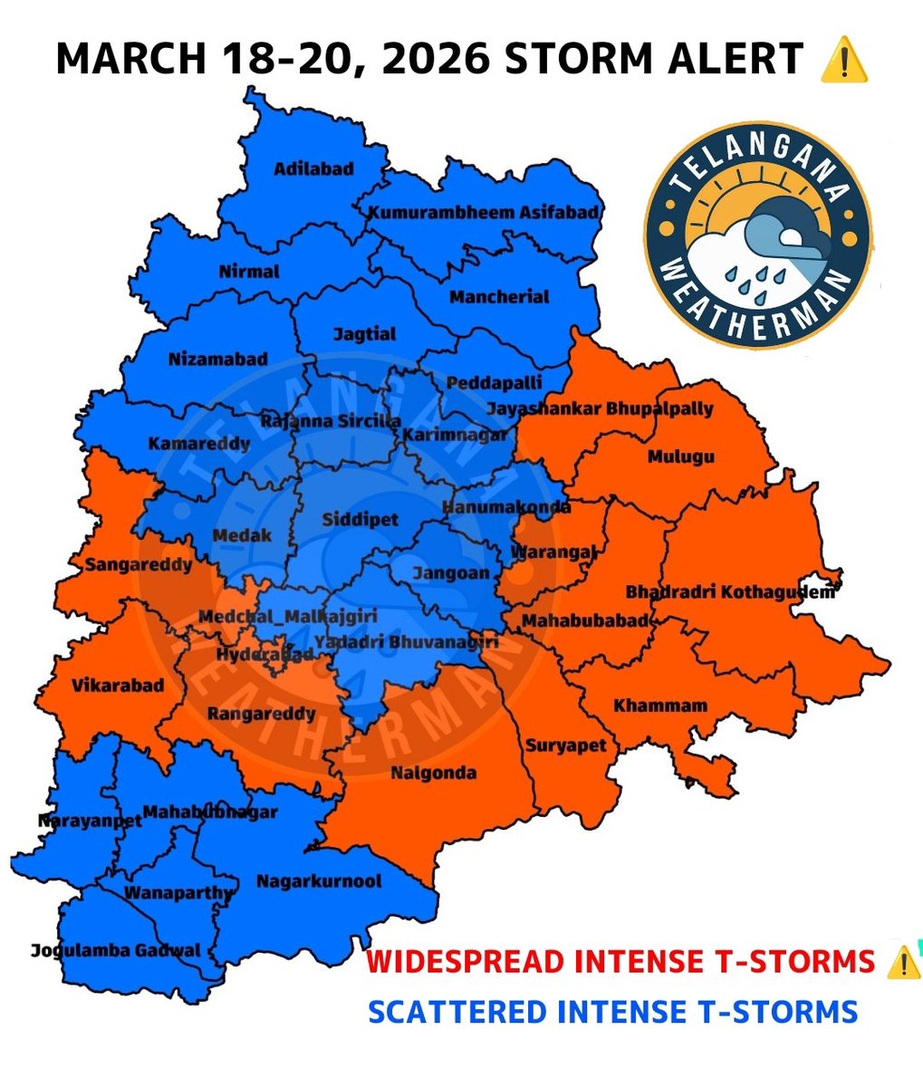 balaji25_t's tweet photo. SEVERE THUNDERSTORM WARNING - 2 ⚠️

Phase 1 - March 15-17, 2026 ⚠️

These will be first phase of rains where INTENSE RAINS expected in RED MARKED districts (40-50mm) along with intense LIGHTINING STRIKES and HAILS, strong winds upto 40-60kmph during afternoon to night ⚠️

Hyderabad will get one or two spells of INTENSE THUNDERSTORMS during March 16-17 with hails, gusty winds during afternoon to night ⚠️

Phase 2 - March 18-20, 2026 - PEAK IMPACT 

These 3days will be MAIN THUNDERSTORMS DAYS with WIDESPREAD RAINS ahead in RED marked districts (60-80mm expected) along with THUNDERS, HAILS, 50-60kmph gusty winds 

Hyderabad will get two spells of INTENSE DOWNPOUR and thunderstorms during March 18-19 especially during afternoon to overnight ⚠️

Impact expected ⚠️

👉 Crop damaging rains, winds, HAILSTORMS 
👉 Chances of loss of lives due to LIGHTINING STRIKES
👉 Disruption of electric poles, hoardings, risk of accidents due to winds 

Please stay alert, plan accordingly ⚠️