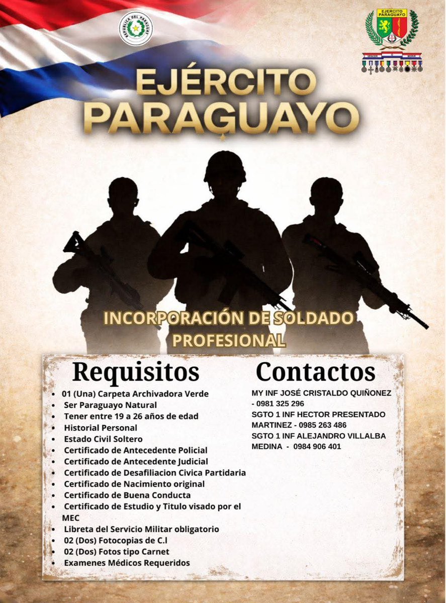 Ejercito_Pyo's tweet photo. 🇵🇾 𝐈𝐍𝐒𝐂𝐑𝐈𝐏𝐂𝐈𝐎𝐍𝐄𝐒 𝐀𝐁𝐈𝐄𝐑𝐓𝐀𝐒 𝐏𝐀𝐑𝐀 𝐈𝐍𝐂𝐎𝐑𝐏𝐎𝐑𝐀𝐂𝐈𝐎́𝐍 𝐂𝐎𝐌𝐎 𝐒𝐎𝐋𝐃𝐀𝐃𝐎 𝐏𝐑𝐎𝐅𝐄𝐒𝐈𝐎𝐍𝐀𝐋

#EjércitoParaguayo
#ComprometidoConSuPueblo https://t.co/DpLNdDNICL