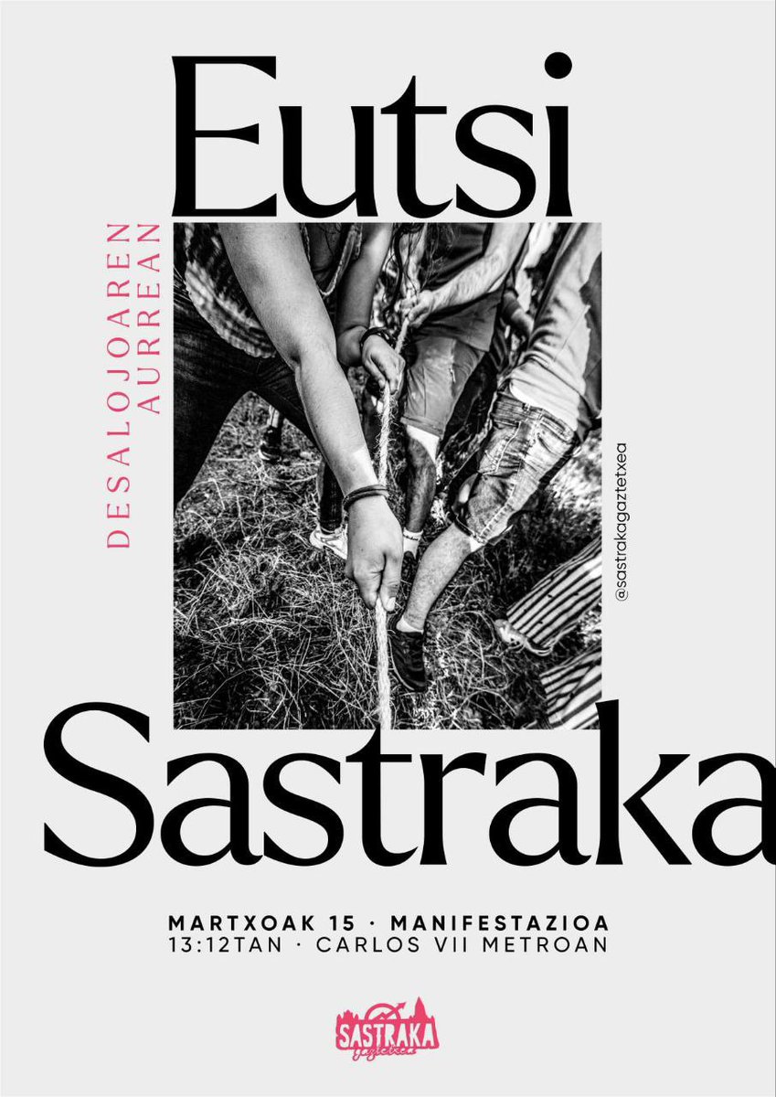 📍Martxoaren 15ean data garrantzitsua dugu Portugaleten. 

Sastraka Gaztetxearen alde, aurretik desalojatutako gaztetxeen alde, gune autogestionatu eta okupatu guztien alde.

DESALOJOAREN AURREAN, EUTSI SASTRAKA! ✊🏾