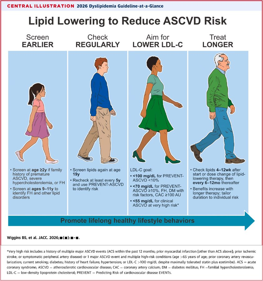 🔥 2026 #Guideline  sobre Dislipemia. ACC/AHA/ADA y multisociedades .
1️⃣ Tratar la dislipidemia antes (incluso en jóvenes).
2️⃣ Usar PREVENT-ASCVD y el modelo CPR: Calcular, Personalizar, Reclasificar🧮.
3️⃣ Considerar descenso de LDL desde riesgo ≥3%.🧵
jacc.org/doi/10.1016/j.…