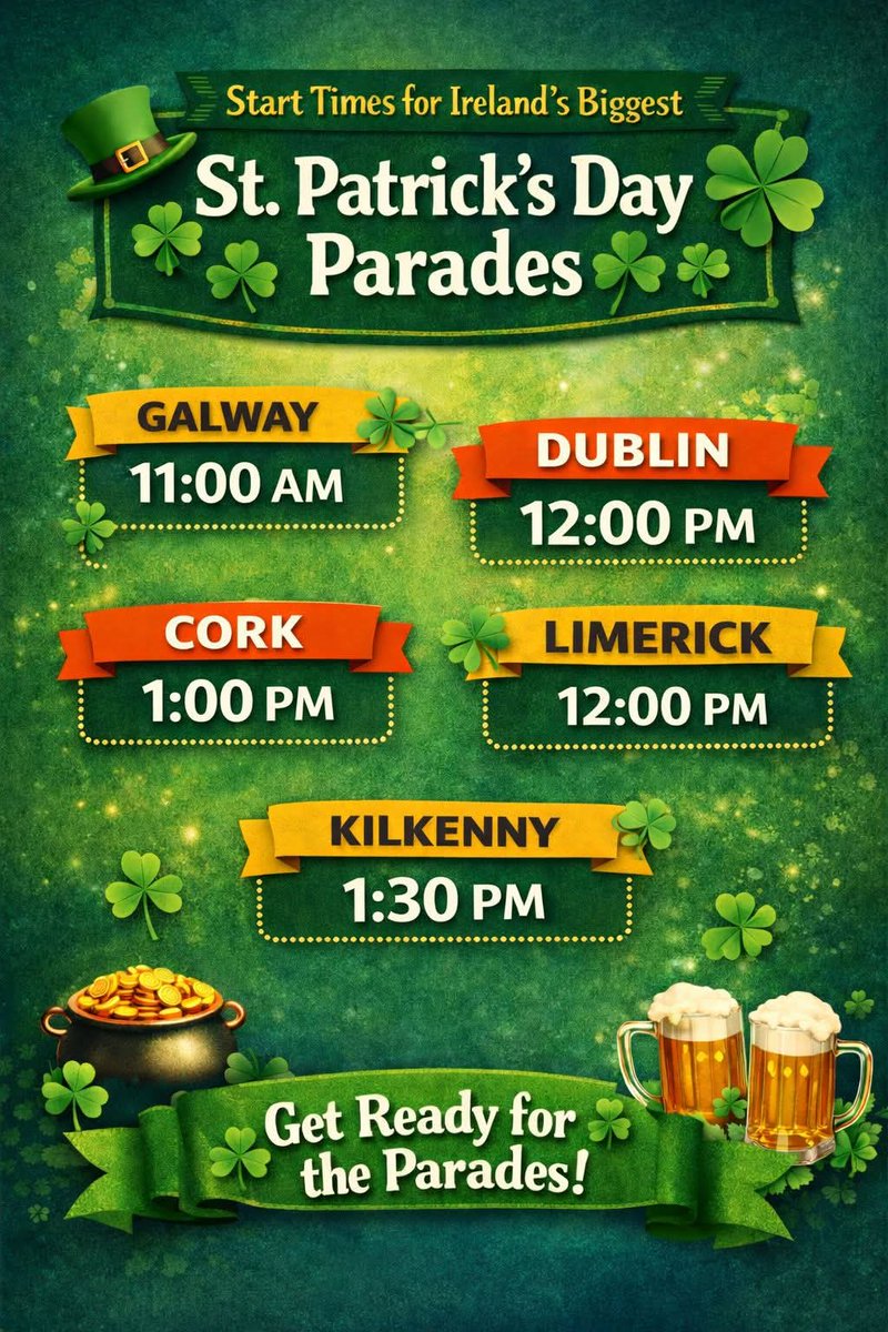 ThisIsIreland3's tweet image. Note for the diary 💚

☘️ St. Patrick’s Day Parade Start Times in Ireland ☘️

Planning where to celebrate this St. Patrick’s Day? Here are the start times for some of the biggest parades in Ireland 🇮🇪

#Stpatricksday #Ireland #Parade #Celebrations