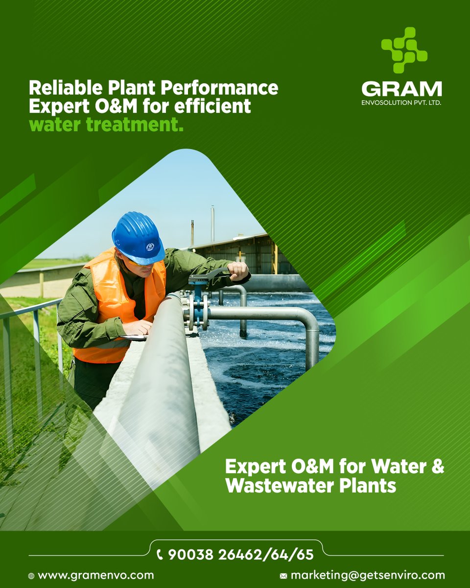 GramEnvo's tweet photo. Reliable plant performance starts with expert management. Our O&amp;M services ensure wastewater treatment plants operate efficiently deliver consistent results

https://t.co/WNREpKXhKA

#WastewaterTreatment #PlantOperations #OperationsAndMaintenance #GramEnvoSolution https://t.co/ds1hgxZYD3