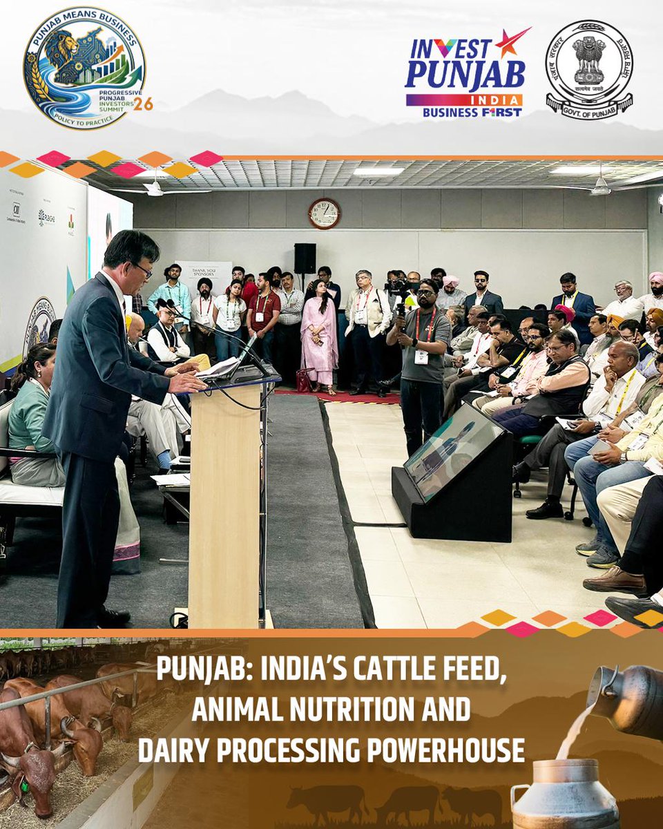 invest_punjab's tweet photo. Punjab: India’s Cattle Feed, Animal Nutrition and Dairy Processing Powerhouse

At the Progressive Punjab Investors’ Summit, the session highlighted Punjab’s strength in the dairy and animal nutrition sector—exploring opportunities to scale innovation, strengthen value chains, and position the state as a leading hub for cattle feed and dairy processing.