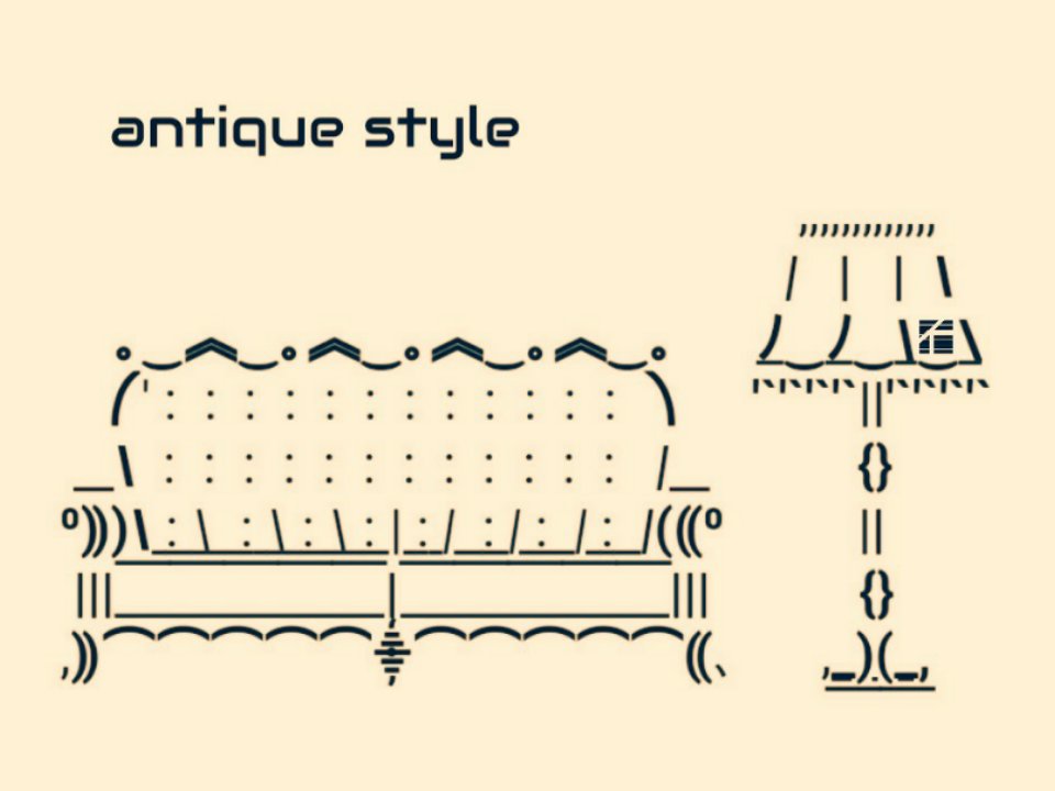 kurogao961's tweet image. 【SIMPLE ASCIIART SERIES🛋️】おしゃれなソファーとランプをアスキーアートで✨😌

㊙️くろがお作者の家はこんなオサレなソファーとランプにふさわしくない部屋の状態です😱💦
#antique #asciiart #emoji