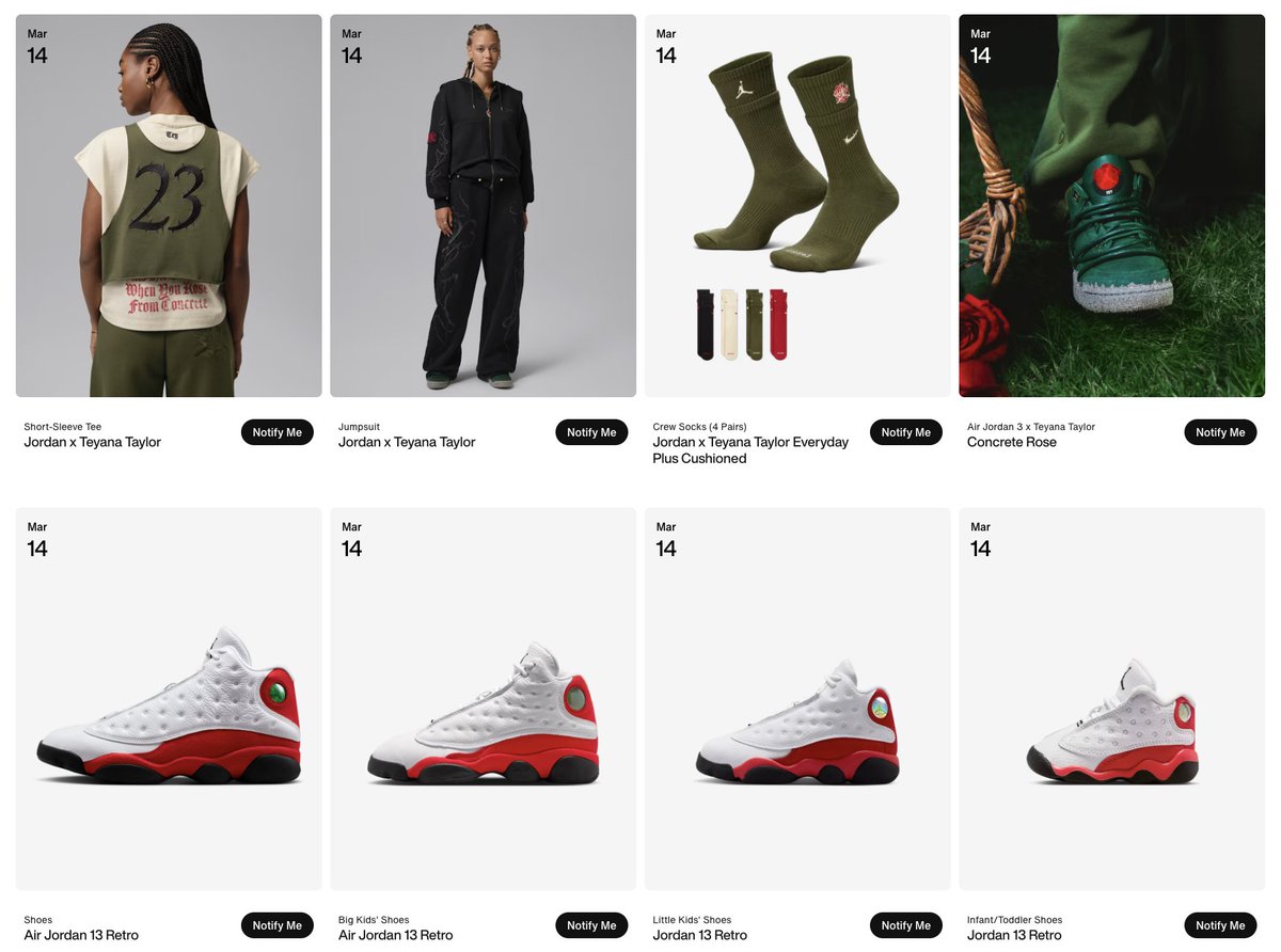 snkr_twitr's tweet photo. AD: LIVE in 1 hour via SNKRS US 

- Teyana Taylor x Jordan 'Concrete Rose' Collection 
J3 https://t.co/7Jr2IwLjwD
Apparel https://t.co/h3Mw0pP7Ne

- Jordan Retro 13 'White/University Red'
M https://t.co/wwYICcAdzW
G https://t.co/pcMzNlZjaz
P https://t.co/jOtCvt7Rb0
T https://t.co/7HbTURCu81