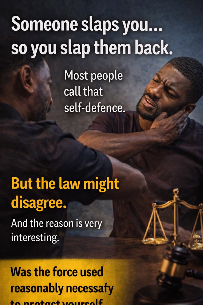 Nigerianlawplug's tweet photo. Someone slaps you.

You slap back immediately.

Most people call that self-defence.

But the law usually asks one key question:

Was the force used necessary to stop the attack?

Because self-defence is about protection, not revenge. https://t.co/ABOYb5H86C
