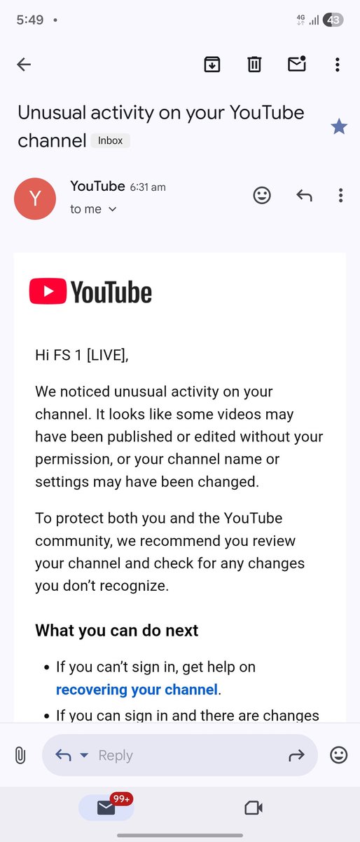 S_AMBULKAR_'s tweet photo. @TeamYouTube My channel was terminated and I already submitted an appeal in YouTube Studio but it was rejected. Before termination I received an email about unusual activity, so I believe my channel may have been compromised.
Please request a manual review. https://t.co/Gaw9nYjS10