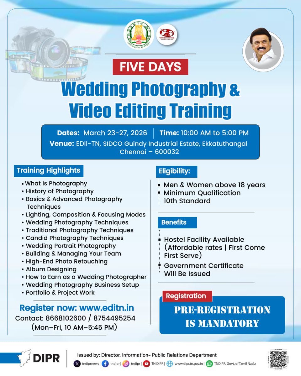 5 Days Entrepreneurship Development Programme on Wedding Photography &amp; Video Editing Training

<a href="/CMOTamilnadu/">CMOTamilNadu</a> <a href="/mkstalin/">M.K.Stalin - தமிழ்நாட்டை தலைகுனிய விடமாட்டேன்</a> <a href="/Udhaystalin/">Udhay - தமிழ்நாட்டை தலைகுனிய விடமாட்டேன்</a>
<a href="/mp_saminathan/">M.P.Saminathan - தமிழ்நாட்டை தலைகுனிய விடமாட்டேன்</a>

#TNDIPR #TNMediahub #CMMKStalin #DyCMUdhay #TNGovt #PeoplesGovt #TNGovtSchemes #CMOTamilnadu #peoplecm #TamilNadu