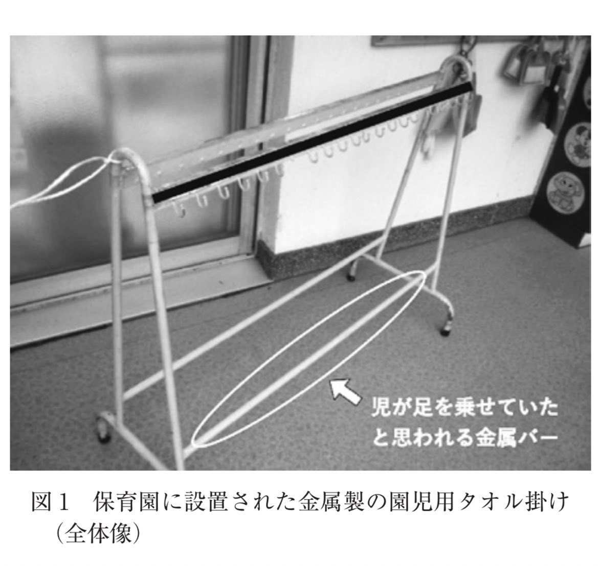 Shiba_kids's tweet photo. #InjuryAlert【金属製のフックによる眼瞼裂創】
5歳児。保育園のテラスにいた。
タオル掛け下部の金属バーに足を乗せて揺らして遊んでいたところ、バランスを崩して転倒した。
物音を聞いた保育士が、患児の左眼裂から上眼瞼にフックが貫通した状態で倒れているのを発見し、医療機関へ救急搬送された。 https://t.co/NzAtWlQVUj