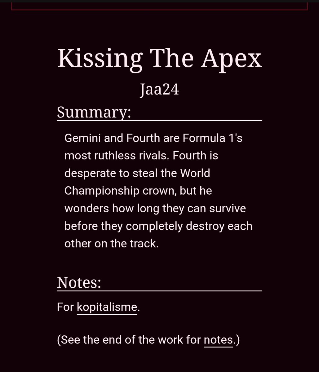 ujayakii's tweet photo. A #GeminiFourth F1 AU

​Special commission for @gemiatta and @aydellch ❤Thank you so much for trusting me with this project. Writing their dynamic was an absolute emotional rollercoaster. ✨

​Read the full oneshot here on AO3! 👇
🔗[https://t.co/dpSeW9e6kb] https://t.co/gf2Qc94mGV