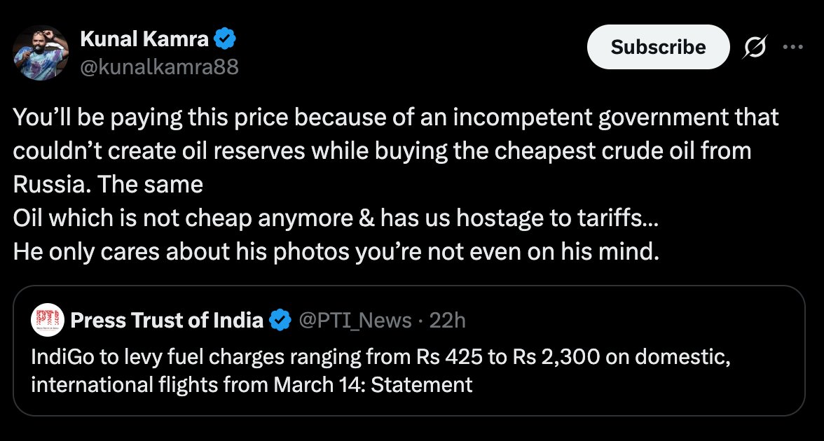 aravind's tweet photo. Just saw many posts like these trying to instigate Indians against their govt during a world wide crisis.

This fuel surcharge or air fare hike is not an Indian issue alone. Here's a list of airlines who have started charging surcharge:

1) Air New Zealand (Fare increase)
2) Cathay Pacific (Fuel Surcharge)
3) Hong Kong Airlines (Fuel Surcharge) 
4) Greater Bay Airlines (Fuel Surcharge)
5) Air Asia Malaysia (Fuel Surcharge)
6) Air France (Fare increase)
7) Thai Airways (Fare increase)
8) FlySafair (Fuel Surcharge)
9) Quantas (Fare increase)

Many more from countries importing fuel, like India, if you go search. The point is aviation fuel is going up around the world. It is not only for India. 

All airlines are either increasing fares or adding a surcharge. Since in India, I believe the fares are kind of capped, the surcharge route is the easiest to take.