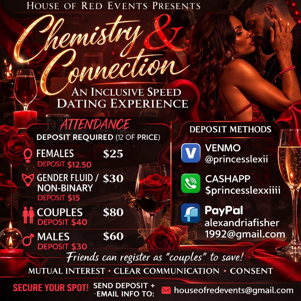 princesslexxiix's tweet photo. This inclusive speed dating experience welcomes females, gender fluid/non-binary individuals, couples, and males into a relaxed and respectful environment.

Attendance

To secure your RSVP status, a non-refundable deposit equal to half of the attendance cost is required. https://t.co/fMIQpiAPK0