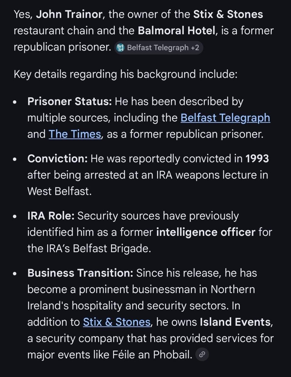 Gerry Adams at the High Court.

Is this Gerry Adams using a former IRA prisoner as a bodyguard/security?

John Trainor is also owner of Belfast Stix &amp; Stones restaurants, the Balmoral hotel &amp; a security firm called Island Events (NI) Ltd, registered at Companies House.

It’s