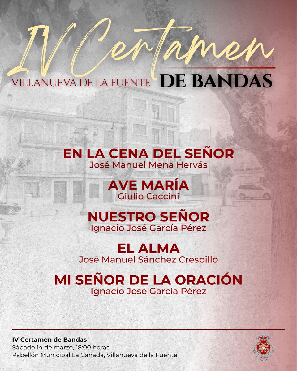 AMSOLEDADyS's tweet photo. Hoy suena #SoledadySepulcro en Villanueva de la Fuente.

🎼 Este será el repertorio que interpretaremos esta tarde en IV Certamen de Bandas organizado por @gastadores_vva.de.la.fuente https://t.co/5JoLwiWTXv