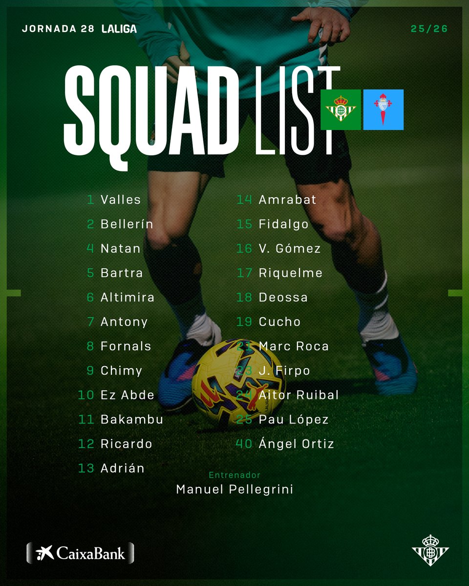 💚🤍💚

¡Nuestra convocatoria para el #RealBetisCelta!