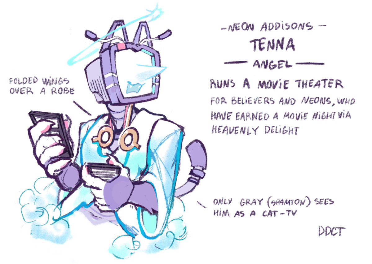 ddcahoot's tweet photo. I cannot create a new AU without Tenna
Angel suits Tenna more than a Believer lore-wise.
Only Gray (Spamton) sees him as a Cat-TV
(I have so many ideas for this universe, but for now, I can only imagine stuff and suffer)
#Neonaddisons (now final) #Tenna #Neonwhite x #deltarune https://t.co/T5QHYxJC9X