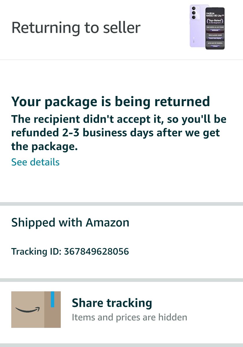 cmhaske40's tweet photo. Dear @AmazonHelp_61   @amazonIN  canyou pls help me out for Tracking ID: 367849628056

Without receiving any call, it is being rejected. https://t.co/YUyB83SRlm