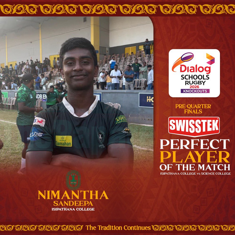 ThePapareSports's tweet photo. Swisstek Player of the Match Nimantha Sandeepa Played a Fabulous all-round display and tactical mastery for Isipathana College.
#DSRK #SchoolsRugby #ThePapareRugby https://t.co/V7yNMrvbLd