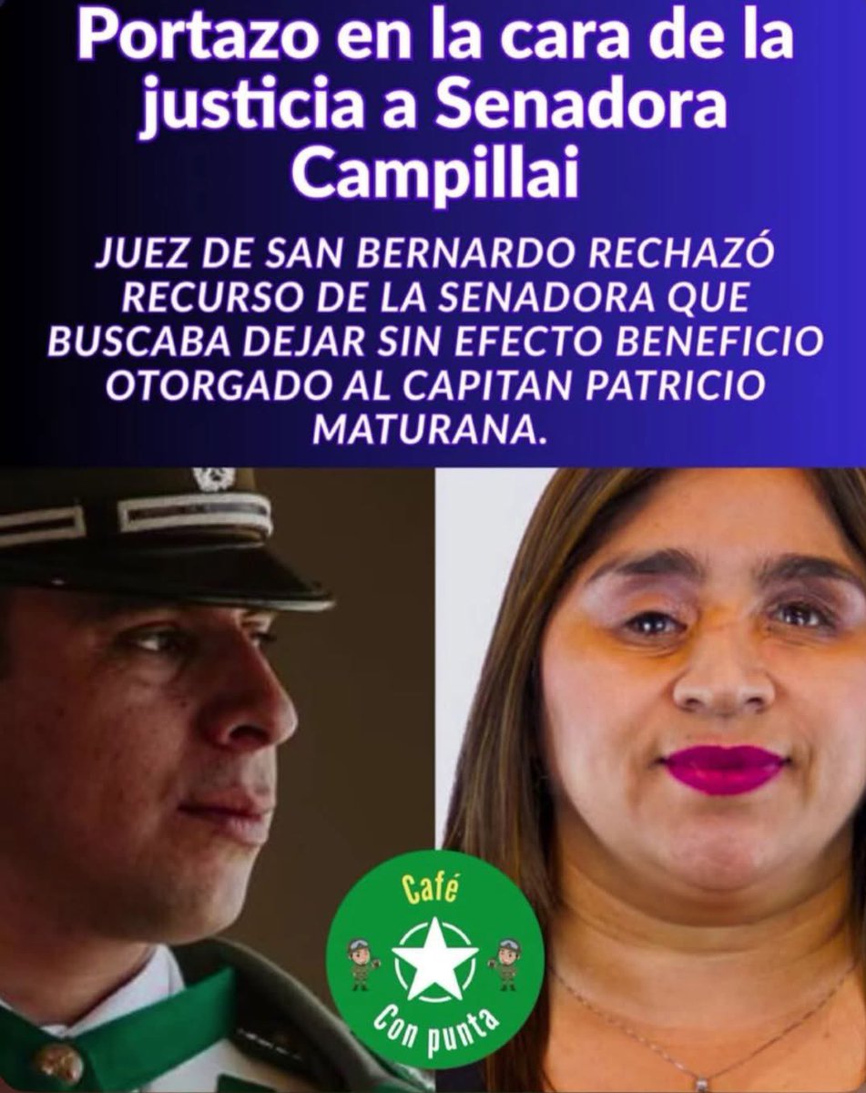 14/3/2026 #URGENTE | 🚨 PORTAZO JUDICIAL A CAMPILLAI: 

Juez de San Bernardo RECHAZA su recurso y mantiene el beneficio de salida dominical al Capitán Patricio Maturana Ojeda! 🇨🇱💪

La senadora que tanto daño ha causado a la institución ya no pudo revertir la decisión. El
