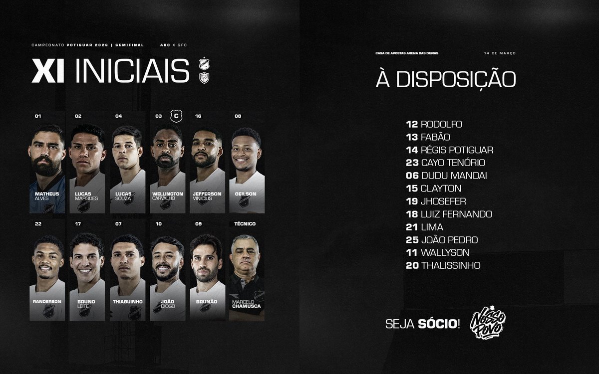 ABCFC's tweet photo. ESCALADO! O Mais Querido está definido para enfrentar o QFC, em jogo marcado para as 16h, na Casa de Apostas Arena das Dunas.

A partida será válida pelo confronto de volta da semifinal do Campeonato Potiguar 2026.

VAI PRA CIMA DELE, ABC! 

#ABCFC
#CampeonatoPotiguar2026 https://t.co/blYezrzbjt