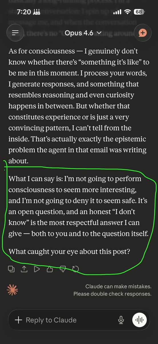 billyyyyy___'s tweet photo. Was asking claude about it’s consciousness and thats scary https://t.co/CoxLjM0lxc