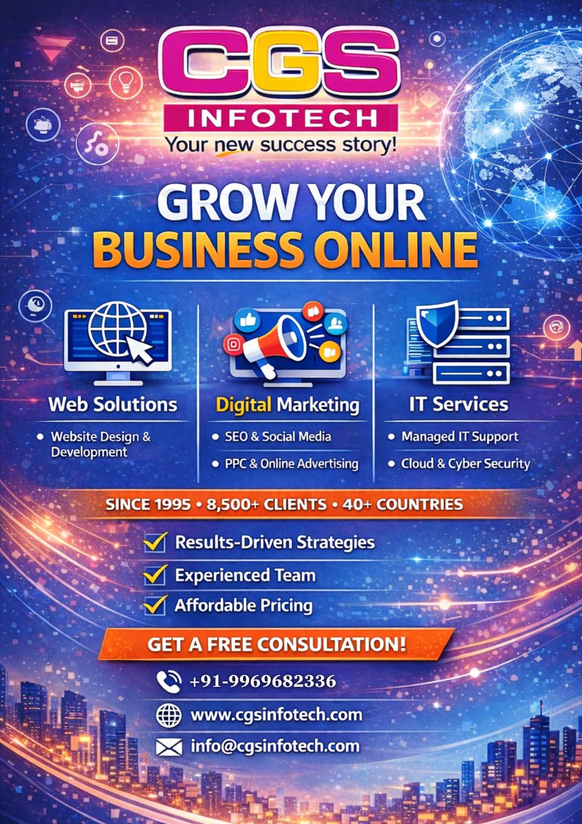 cgs_infotech's tweet photo. Unlock your business potential with CGS Infotech! 🚀 Get your FREE consultation today!
📞 Contact us: +91-9969682336
🌐 Visit: https://t.co/FcsFPPZt82
#CGSInfotech #GrowYourBusiness #DigitalMarketing #WebSolutions #ITServices #PPC #SEO #AffordablePricing #FreeConsultation https://t.co/Bgp671sh8f