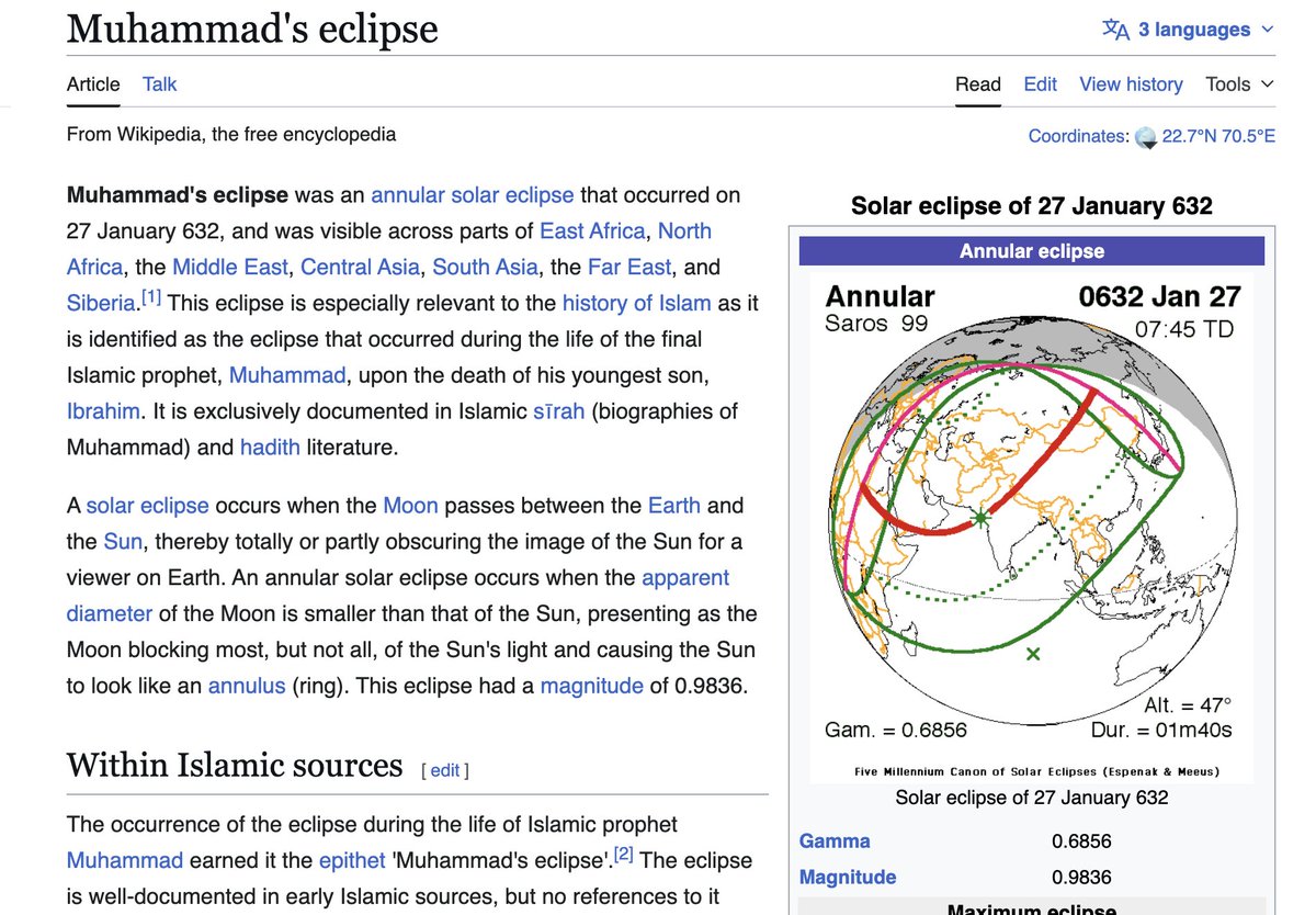 kaoehs's tweet photo. @NeophyteOne @drunkenmujahid @pixiedesarre @danyal1428 @celitiann A delay of 4 years was invented? lol.
On 27 January 632, his infant son Ibraheem from his coptic concubine died. When the sun eclipsed that day, people started rumours of God's blessing on the infant. The prophet swiftly corrected them. The prophet passed away 4 months later. https://t.co/RHdzjbHr1z