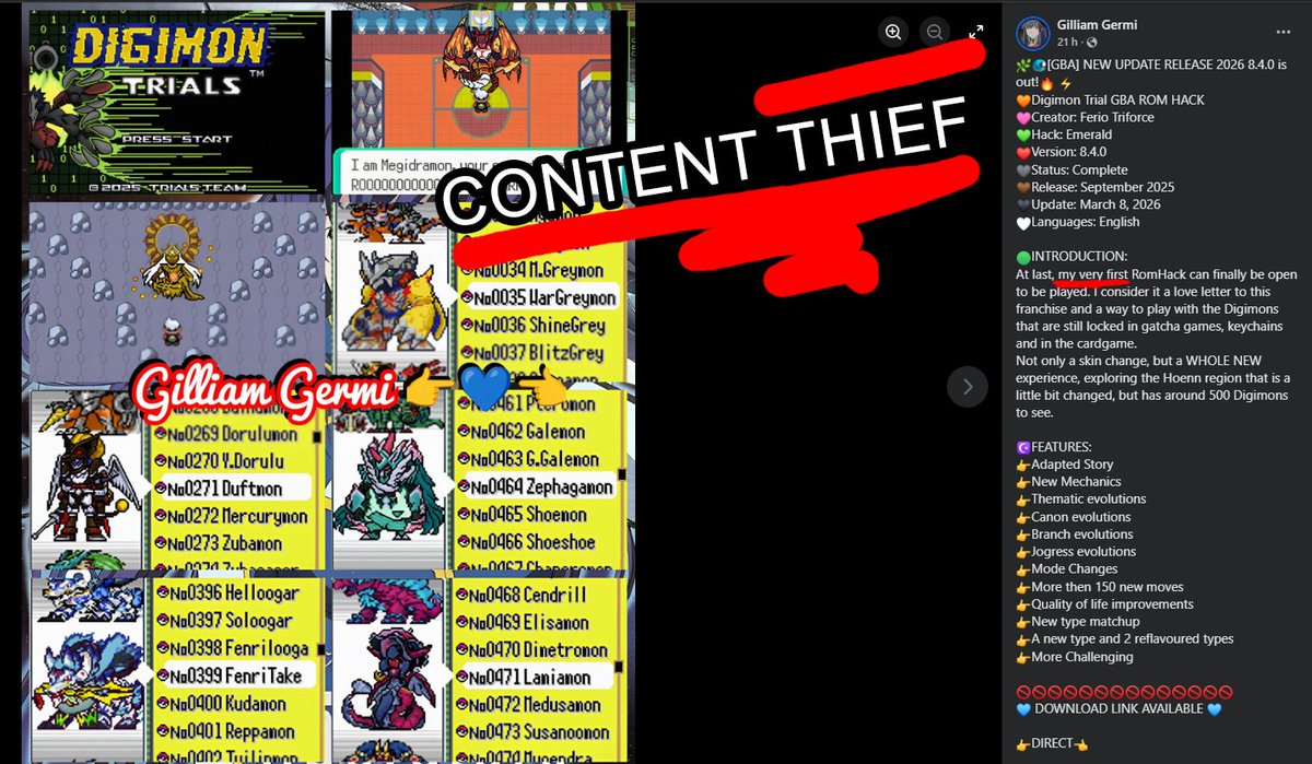 Dragonrod_Art's tweet photo. Funny that this person is saying "MY very first RomHack". I thought Digimon Trials was created by @FNitrj. Oh wait, IT WAS!
Do you know how I know? Because I know the creator AND HELPED THE PROJECT WITH DIGIMON SPRITES!
Don't fall for this thief, support the REAL creator! https://t.co/TOHgNMV6ze