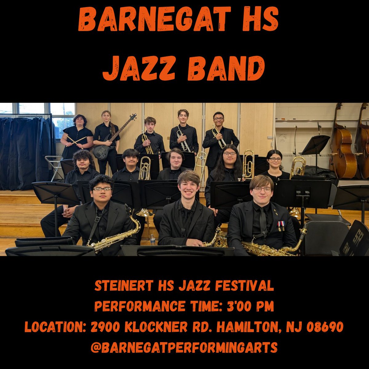 It's a (Saturday) Show Day!!! The Barnegat High School Jazz Band is on the road to Steinert HS for the Steinert HS Jazz Band Festival! Performance time is 3:00 pm! Best of luck to the BHS Jazz Band! #barnegatpride #barnegatinspires #barnegatperformingarts 🎹🎺🎷🎶