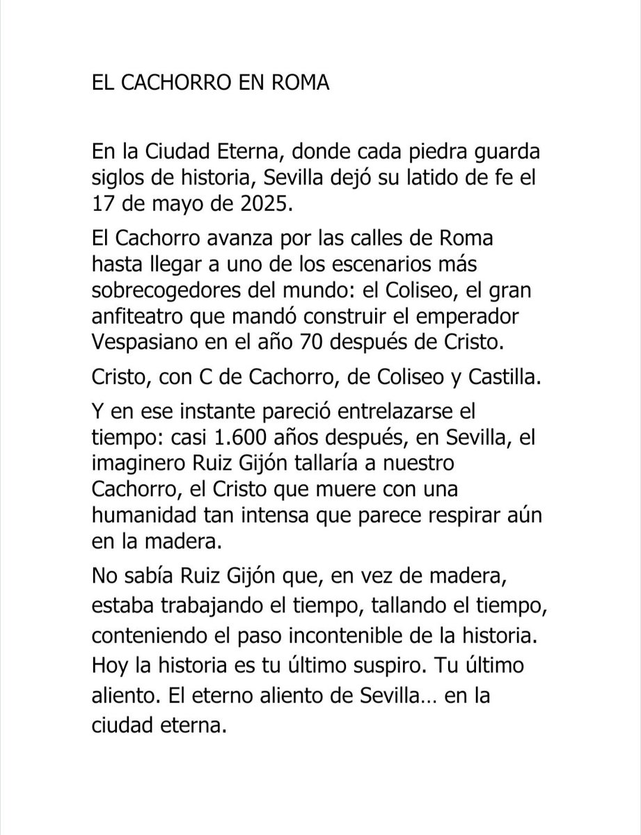 CCervantesH's tweet photo. "Sevilla, por un momento, se trasladó a Roma. Y a la sombra del Coliseo, entre piedras de dos mil años, el Cachorro volvió a hacer lo que lleva siglos haciendo: EXPIRAR Y DAR VIDA". (Gala 'Semana Santa de Sevilla' 2026) @HdadCachorro https://t.co/fnO0aPBZf2
