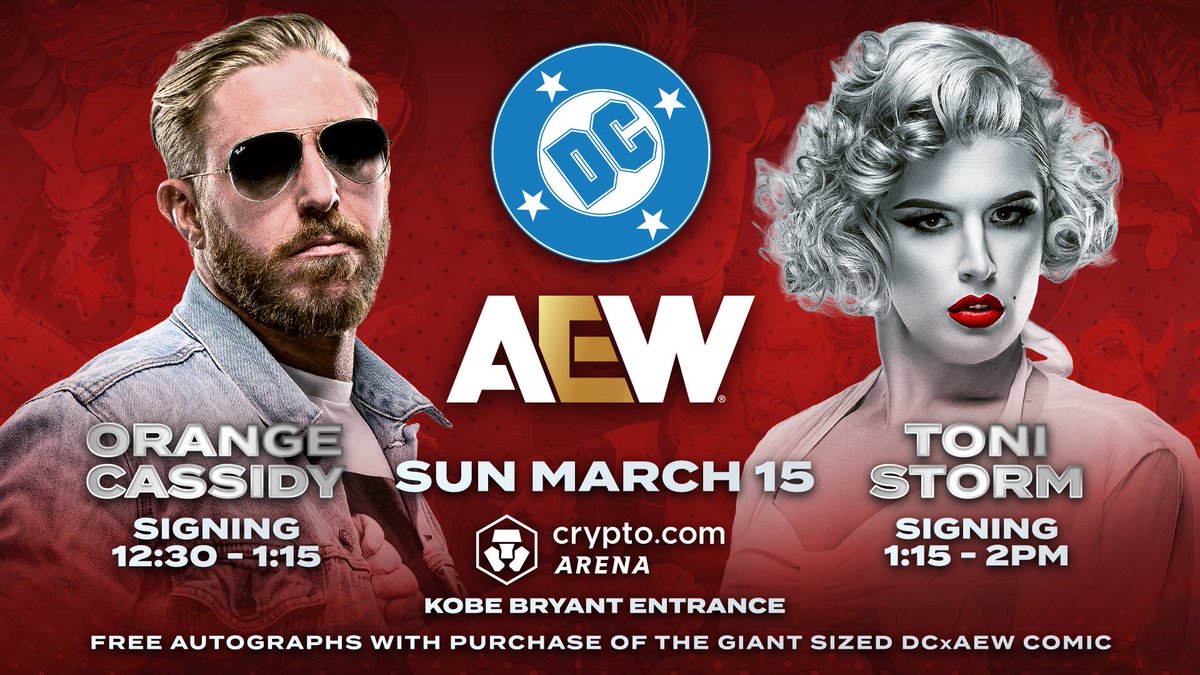 AEW's tweet photo. TOMORROW 3/15, before #AEWRevolution in Los Angeles, it's the @DCOfficial x AEW Comic Signing!

Grab the DC x AEW Giant Sized Comic at the @ShopAEW tent and get a FREE autograph there from:

 @OrangeCassidy: 12:30 - 1:15 pm
"Timeless" Toni Storm: 1:15 - 2 pm

Shop open 12-3! https://t.co/vkZNw8sIyC