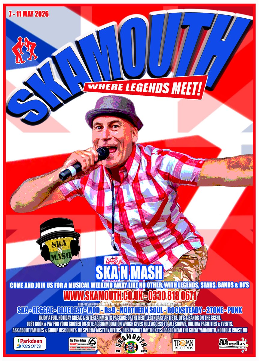 Skamouth's tweet photo. SKAMOUTH - WHERE LEGENDS MEET!
@skaNmash & many more will be at our weekend break with entertainment & more. Includes super bands, DJ's & legendary artists, covering ska, mod, reggae, 2-Tone, northern soul, 60's R&B, punk, rocksteady, bluebeat +++.
Book here: https://t.co/x4GDYd0Gq8
0330 818 0671
@skamouth @Parkdeanresorts #skamouth
@SugaryStaple @TomFahyNo1 @BossyandBoots #vauxhallholidaypark #greatyarmouthUK