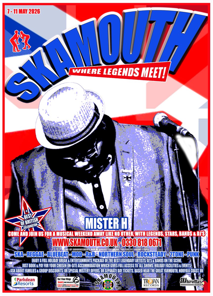 Skamouth's tweet photo. SKAMOUTH - WHERE LEGENDS MEET!
#misterh & many more will be at our weekend break with entertainment & more. Includes super bands, DJ's & legendary artists, covering ska, mod, reggae, 2-Tone, northern soul, 60's R&B, punk, rocksteady, bluebeat +++.
Book here: https://t.co/x4GDYd0Gq8
0330 818 0671
@skamouth @Parkdeanresorts #skamouth
@SugaryStaple @TomFahyNo1 @BossyandBoots #vauxhallholidaypark #greatyarmouthUK