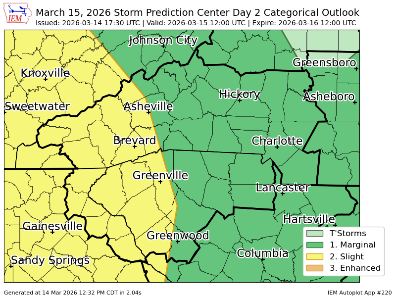 iembot_gsp's tweet photo. #SPC issues Day 2 Slight Convective Risk at Mar 14, 17:30z for GSP https://t.co/zdwgWEKPvN https://t.co/q6WtqCeKP0