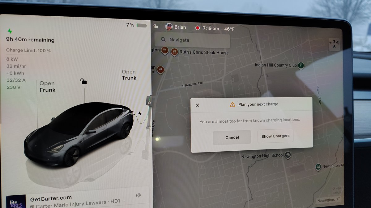 Why does my Tesla tell me I'm almost too far away from a charger when I'm currently charging?