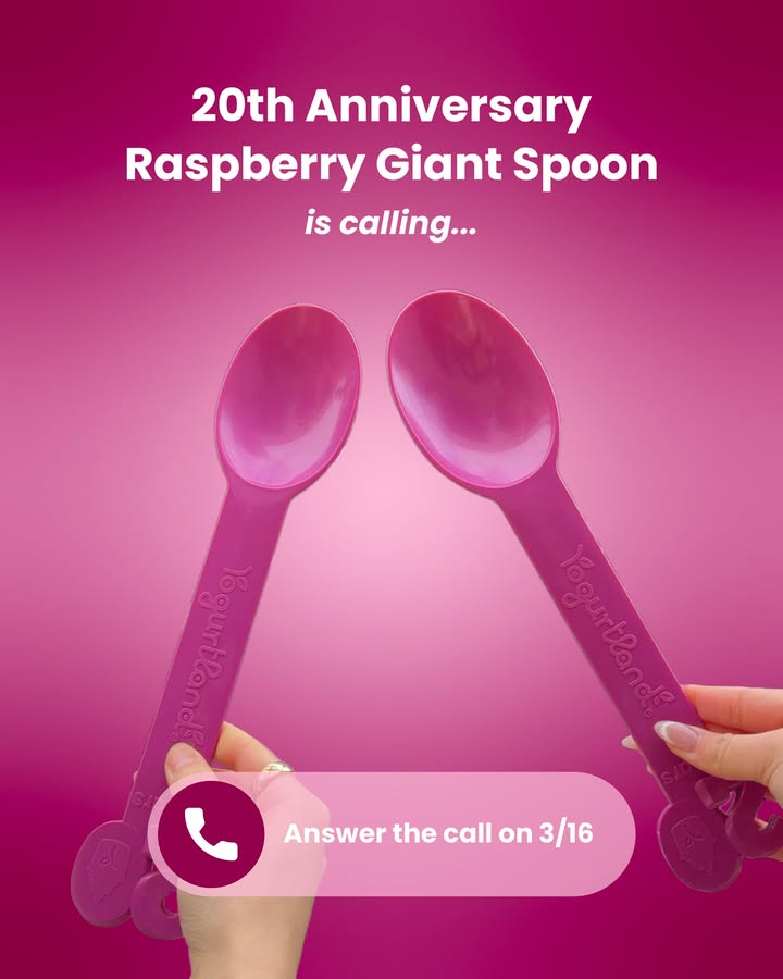 Do you hear that? 👀 Our 20th Anniversary Raspberry Giant Spoon is calling your name! Get it FREE on Monday, 3/16, with an in-store purchase of $15+! Two per transaction, while supplies last. 🥄 #yogurtland #giantspoon