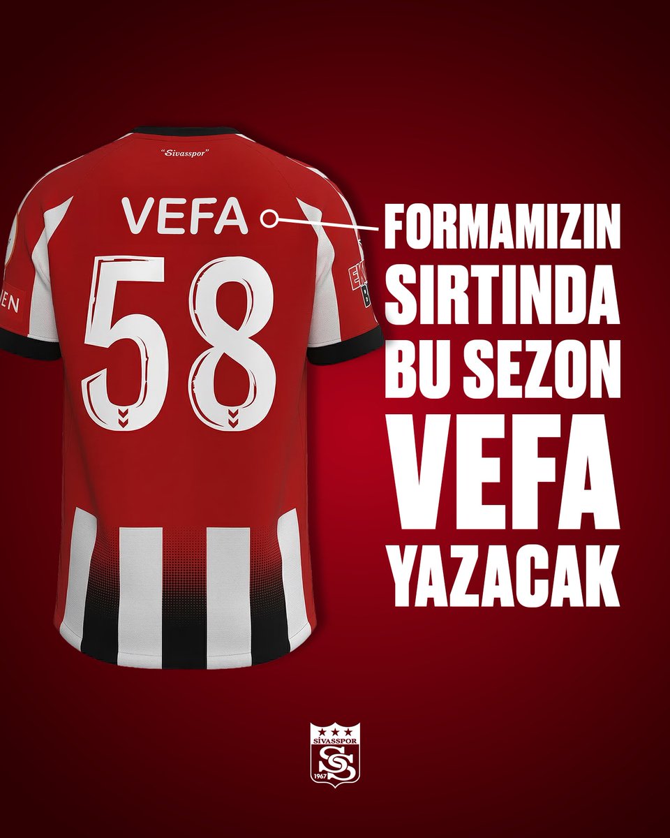 Sivasspor's tweet photo. Kulübümüzün 58. yılı ve Vefa Sezonu kapsamında, yarın oynayacağımız Ümraniyespor karşılaşmasından itibaren sezon boyunca formamızın sırt sponsor alanında VEFA yazacaktır.

#VefaSezonu #GösterGücünü https://t.co/WO45iSF8uP