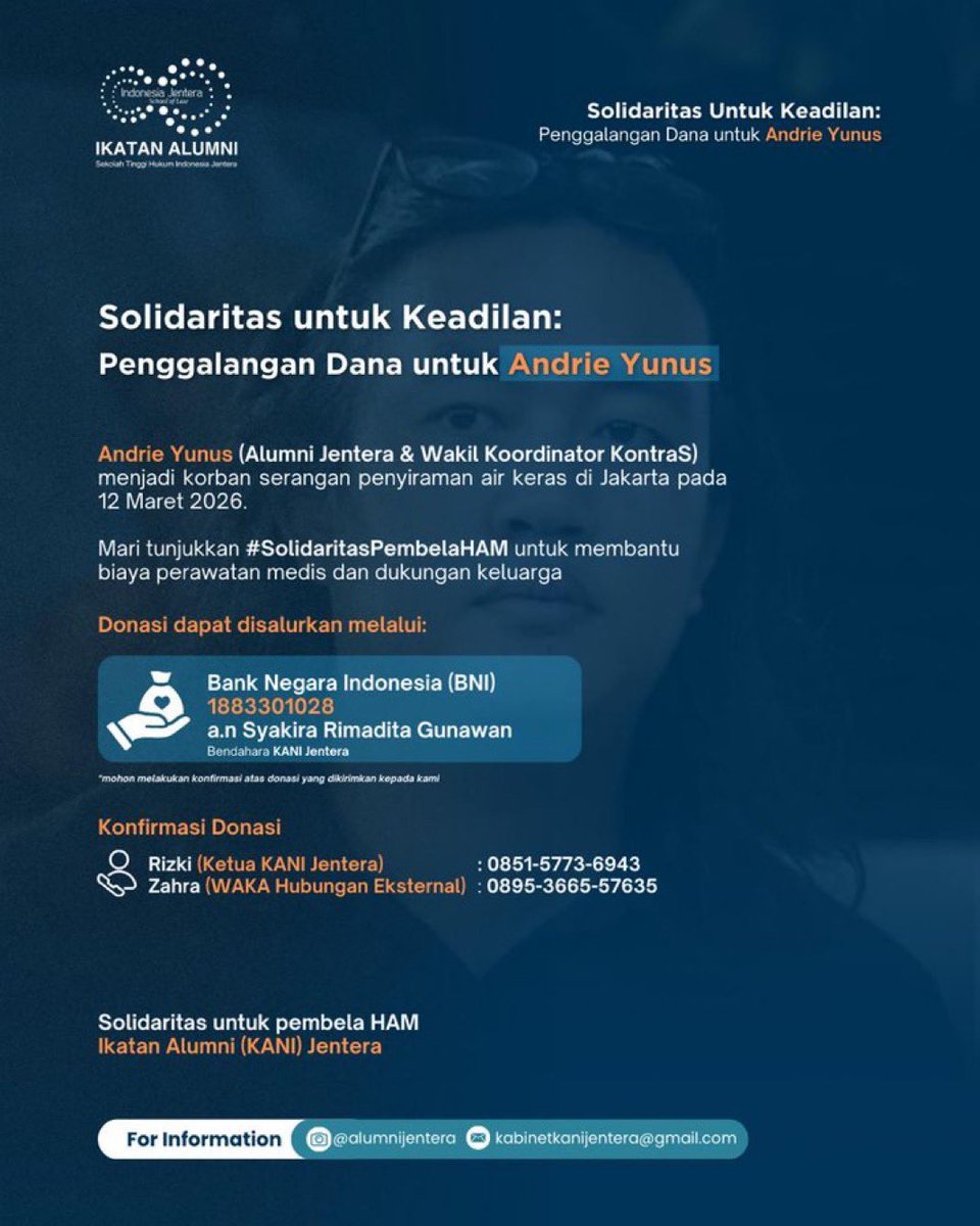 Karena luka Andrie disebabkan oleh kejahatan, maka BPJS tidak dapat menanggung pengobatannya.

Ikatan Alumni STIH Jentera (almamater beliau) menggalang dana untuk mendukung perawatan Andrie dan juga mendukung keluarga Andrie.

Informasi donasi ada pada poster ini🙏🙏🙏