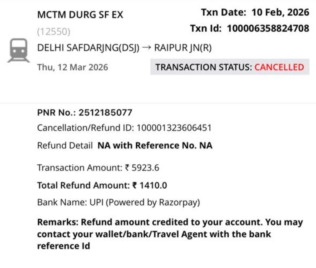 rajeshswm's tweet photo. @IRCTCofficial 
@RailMinIndia 
I hd booked a tkt on 7feb &amp; cancelled on 10feb but not get  refund.  Even though I hd complained on  app, 139, https://t.co/QvEyExfito, but still not get an appropriate response. In bank statmnt no refund credited.
PNR: 2512185077
TRAIN NO: 12550 https://t.co/C1YrcEIey9