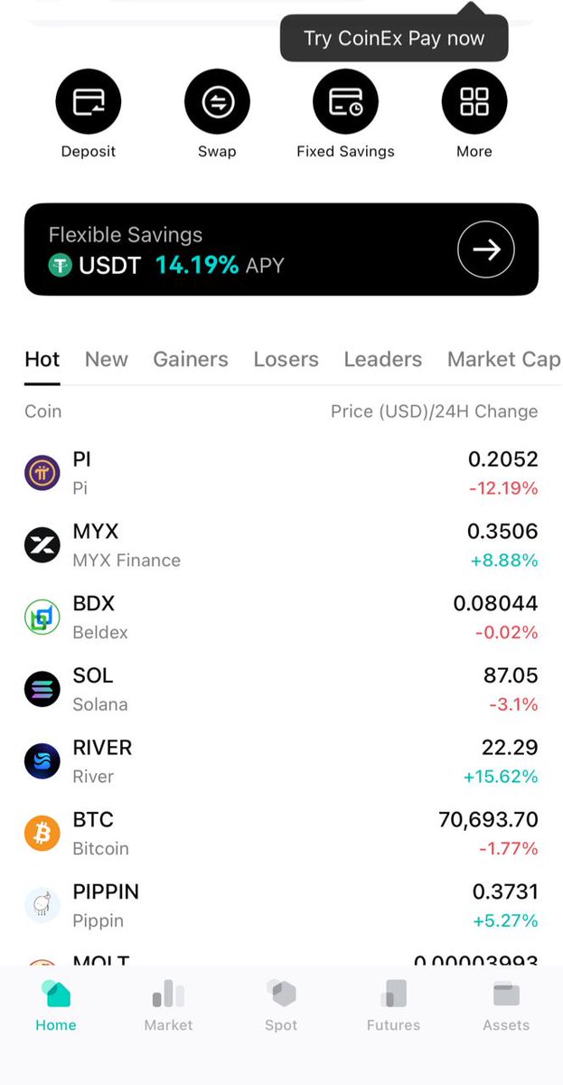 OGkubismm_'s tweet photo. Quick market check on CoinEx today 

$BTC holding near $70K while SOL sits around $87. PI showing some volatility, but $MYX and River are picking up momentum.

Overall market feels mixed right now some coins cooling off while others start to move.

Stay sharp out there
@coinexcom https://t.co/RfCX3StqNc