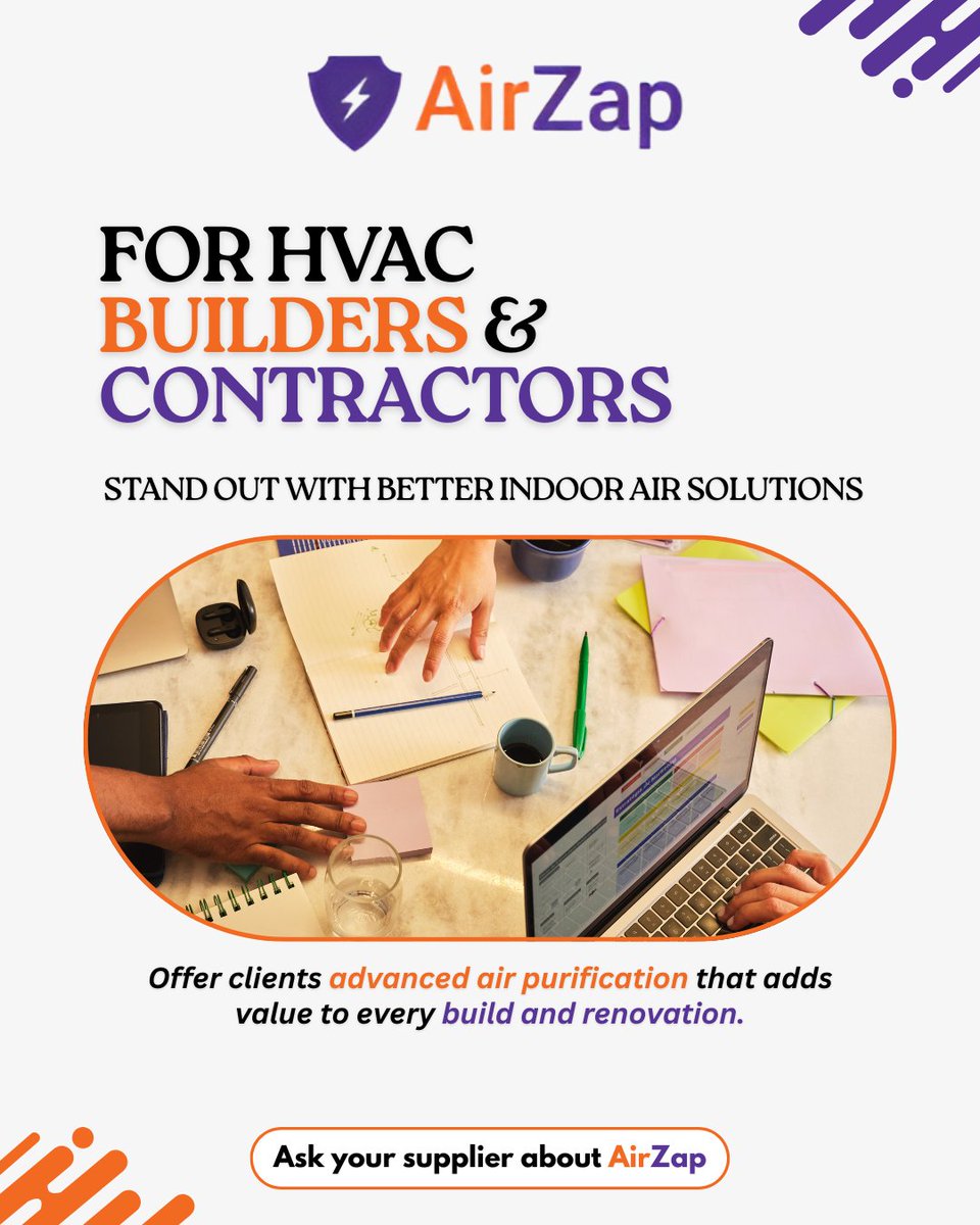 Airzapp's tweet photo. HVAC Builders &amp; Contractors:

Stand out with better indoor air solutions.

Offer advanced air purification that adds value to every build and renovation.

#HVAC #IndoorAirQuality #AirPurification #AirZap https://t.co/jDviJ4w2CH
