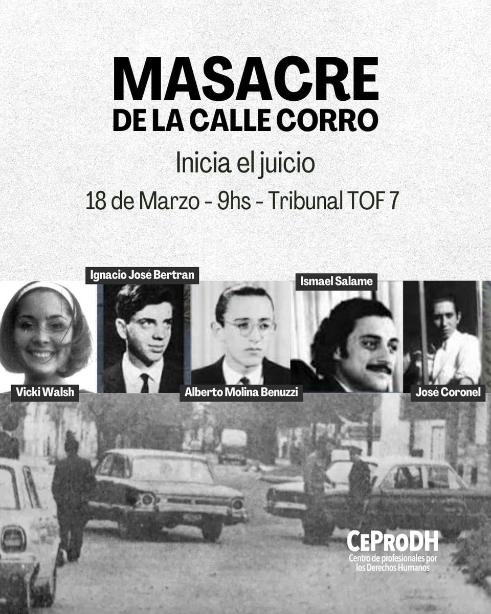 ceprodh's tweet photo. 📣Comienza el juicio contra 6 oficiales y suboficiales del GADA 101 del Primer Cuerpo del Ejército que llevaron a cabo el operativo ilegal. Junto a las querellantes Patricia Walsh, Lucía Coronel y las familias y compañeros de las víctimas, exigimos verdad y justicia https://t.co/3d0J0MO4Ax