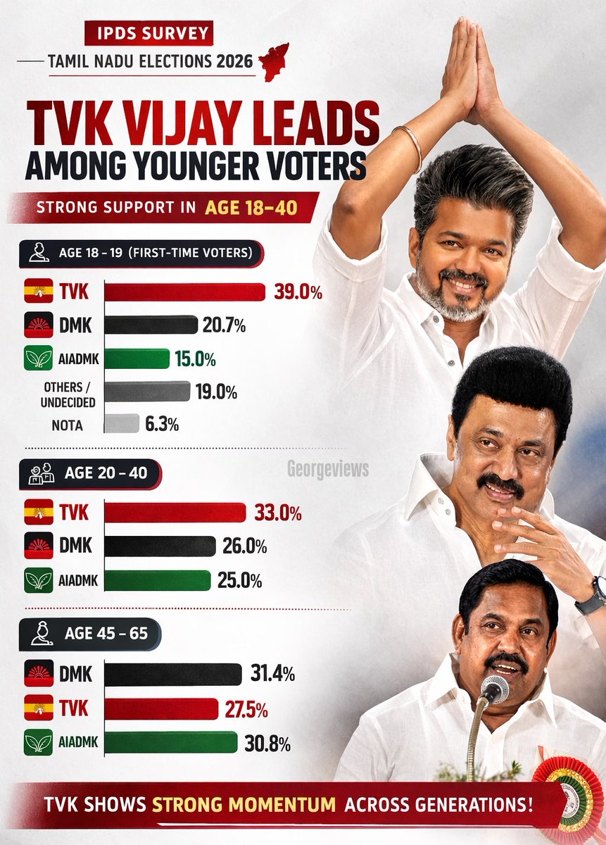 georgeviews's tweet photo. According to the latest IPDS Survey, TVK Vijay is leading by a massive margin among younger voters 🔥

Age 18-19 (First-time voters): TVK at a staggering 39.0% 

Age 20-40: TVK leading with 33.0% https://t.co/ChjyLFOyL8
