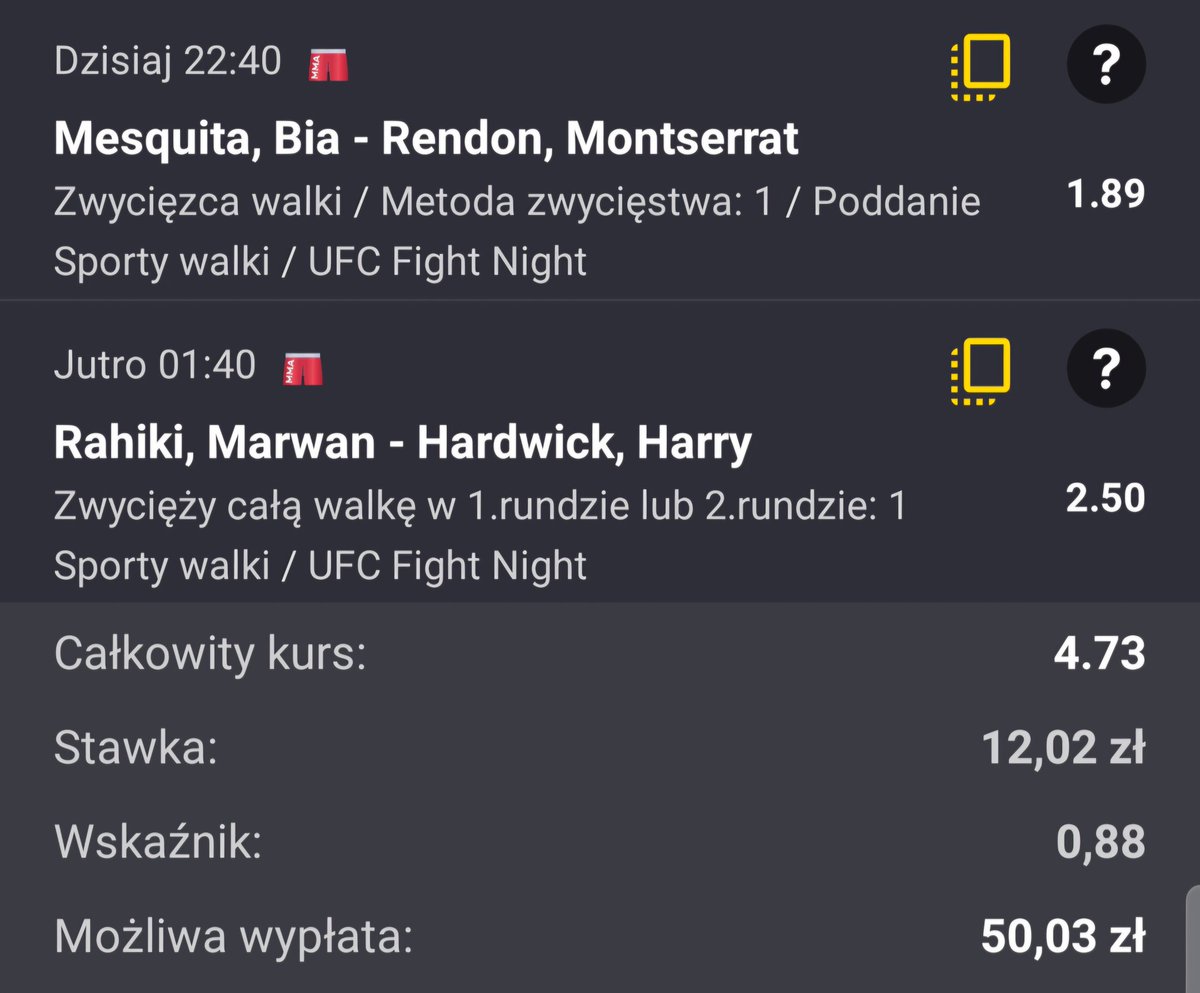 oskarszyna20's tweet image. KUPON NR 1 UFC FN 14.03 🥊💰🥊
Mesquita jest świetna parterowo i powinna dzisiaj to udowodnić łatwp radząc sobie z Rendon. Rahiki jest dobrym bijokiem, a Hardwick w debiucie w UFC nie pokazał za dużo, dlatego powinien tym razem również zostać szybko znokautowany.
⬇️⬇️⬇️