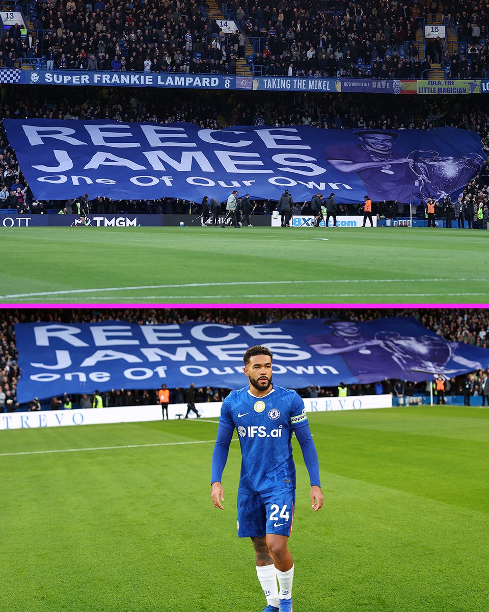 Chelsea fans unveil a banner for Reece James after he signed a new contract at Chelsea ✍️🤩