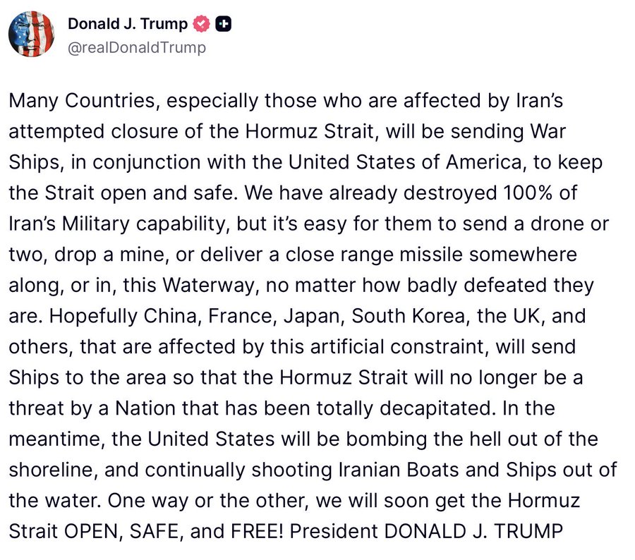 Just embarrassing.
Trump:
"We have already destroyed 100% of Iran's Military capability"

Except drones.
And mines.
And close range missiles.

It would be nice 2 get some help from China, France, Japan, S. Korea, UK, and/or others...
We'd ask Israel but they're busy in Lebanon.