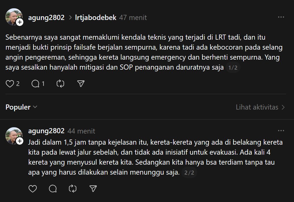 txttransportasi's tweet photo. Nyesek banget gak dioper/dievakuasi ke kereta yang ada di sebelahnya. LRT Jabodebek nih benar² risk management-nya buruk banget ya, malah disuruh nunggu 1,5 jam. https://t.co/feNVsYoxse