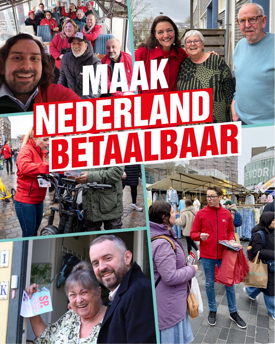 SPnl's tweet photo. Van Heerlen tot Groningen gingen SP’ers de straat op om met mensen in gesprek te gaan over onze plannen voor een betaalbaar Nederland💪

✅Huren omlaag
✅Geen kind in armoede
✅Red de zorg

Maak Nederland betaalbaar. 
Stem SP. https://t.co/6ydzYoEr4z